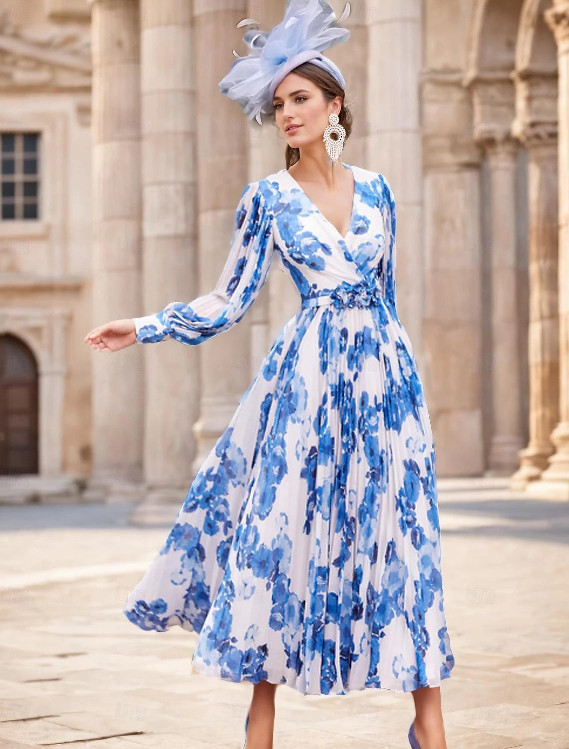 Buyishang A-Line Mermaid Wedding Guest Dress Elegant Floral Vintage Party Jewel Neck V Neck Semi-formal Tea Length Chiffon Stretch Chiffon 3/4 Length Sleeve with Sash / Ribbon Ruched Beading